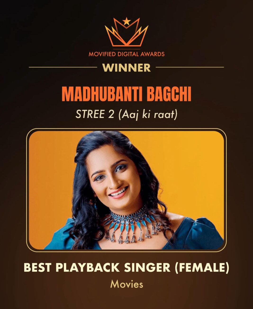 Madhubanti Bagchi Wins Best Playback Singer (Female) at Movified Digital Awards